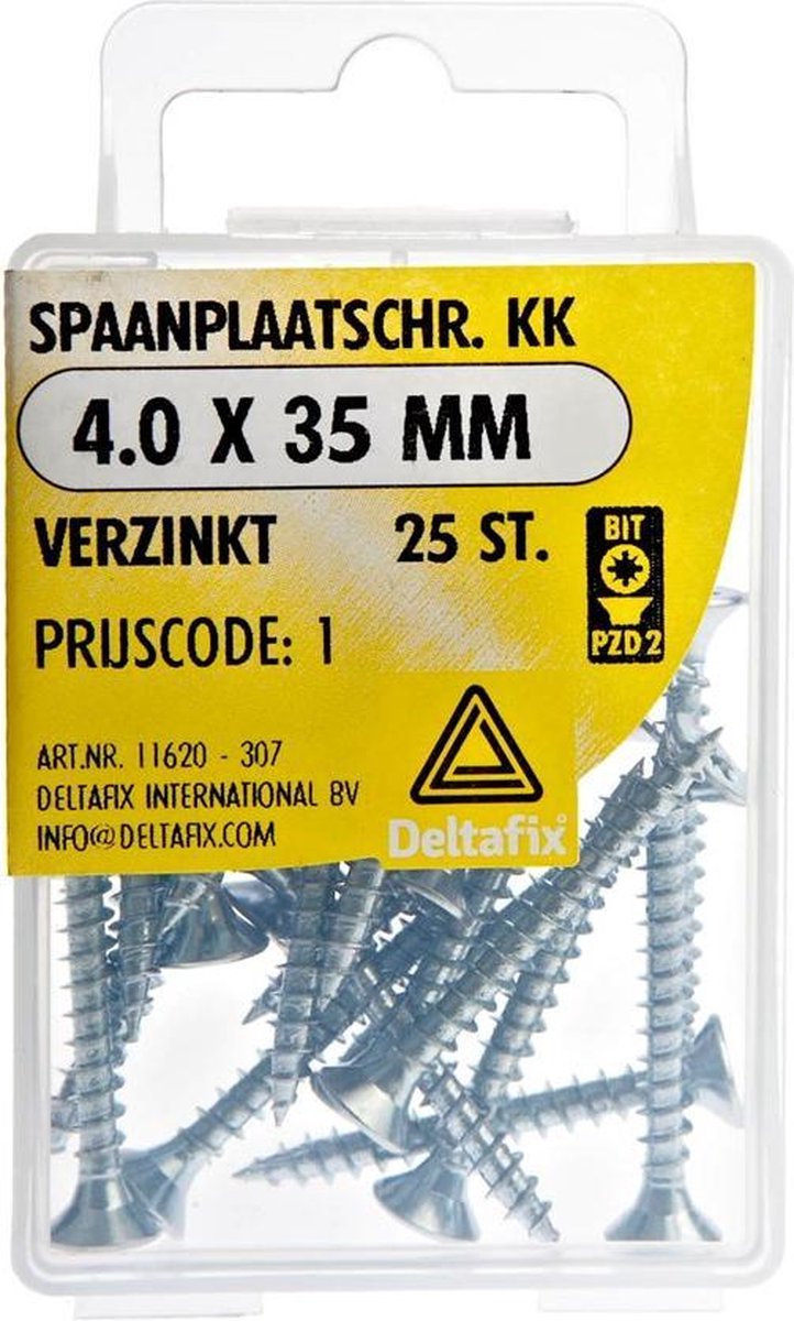 Spaanplaatschroeven Platkop. Kruiskop- Pozidrive-2. Verzinkt 4.0x35mm. lang. 25 stuks Houtschroeven. Deltafix.