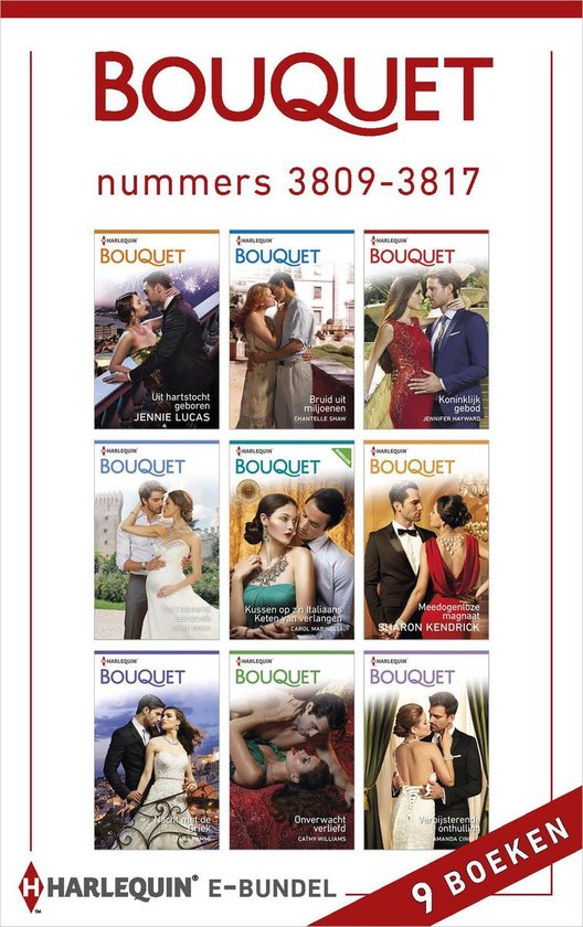 9 Bouquet e-bundel boeken met romantische covers. Titels met koppels in liefdevolle omhelzingen.