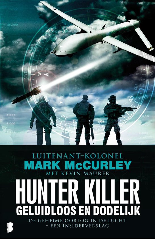 Boekomslag 'Hunter Killer' met een drone, drie militairen en een kompas.
