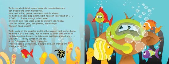 Illustratie van Tooby de aap met duikbril en zuurstoftank, omringd door vissen in de zee. Titel: 'Een duik in het diepe'.