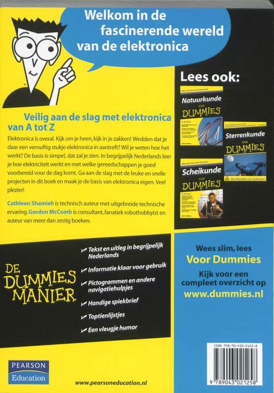 Boekomslag 'Elektronica voor Dummies' met tekening van een jongen en tekst.