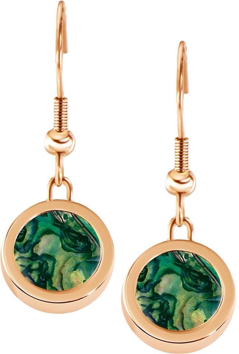 Quiges RVS Schroefsysteem Oorhangers Oorbellen Rosékleurig met Verwisselbare Multi Groen Schelp Mini Munt Set - ECOS008