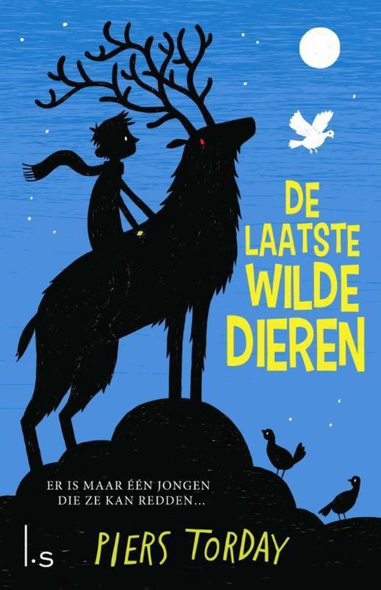 Boekomslag 'De Laatste Wilde Dieren' met jongen op hert onder maan.