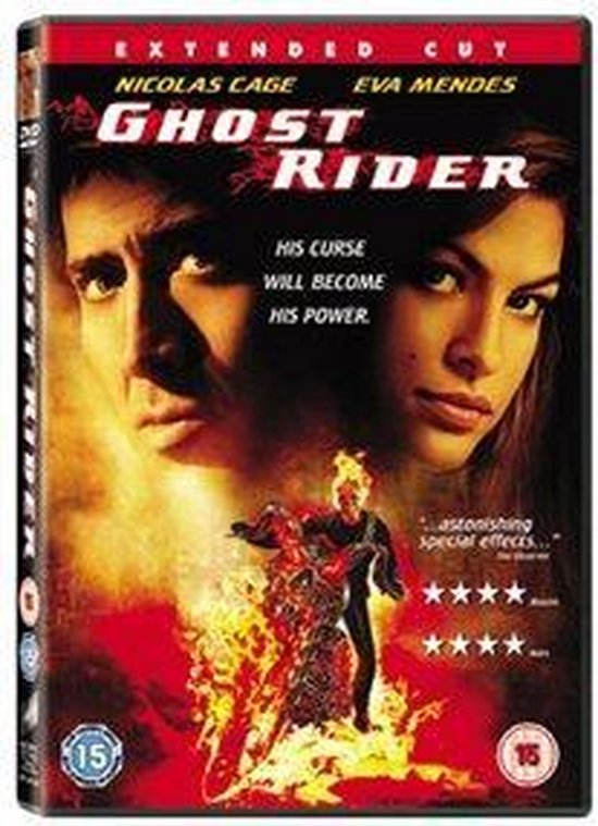 DVD hoes Ghost Rider met Nicolas Cage en Eva Mendes. Inclusief vuur, een motorfiets en de Ghost Rider.