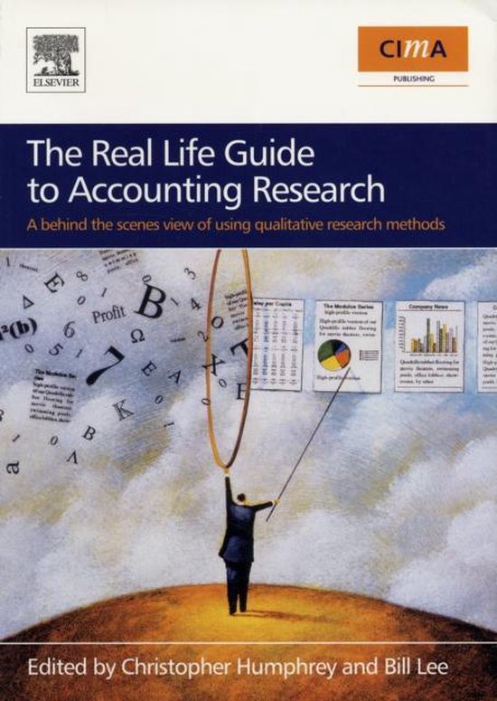 Boekcover 'The Real Life Guide to Accounting Research' met grafieken, cijfers en een man die aan een lus trekt.