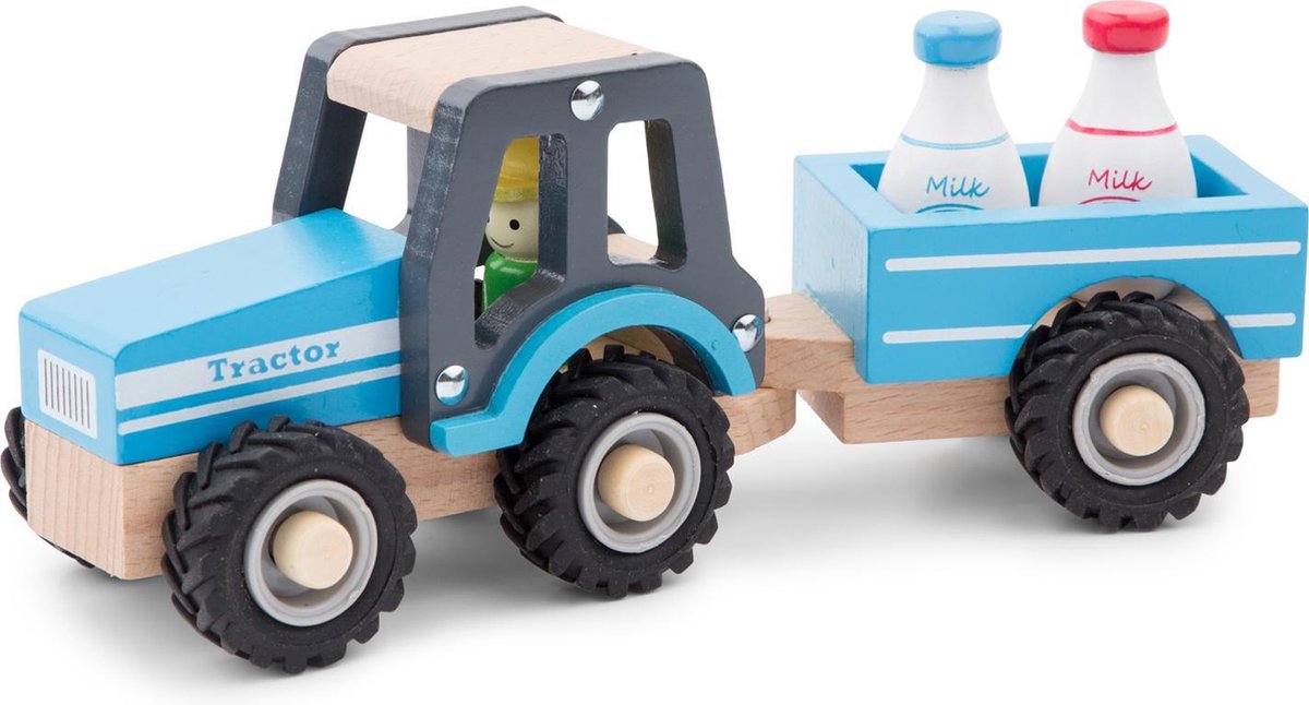 Woet® Houten Tractor met Aanhanger - Inclusief 2 Melkbussen - Blauw - Educatief Speelvoertuig - Rollenspel Speelgoed - Vanaf 18 Maanden — afbeelding 3