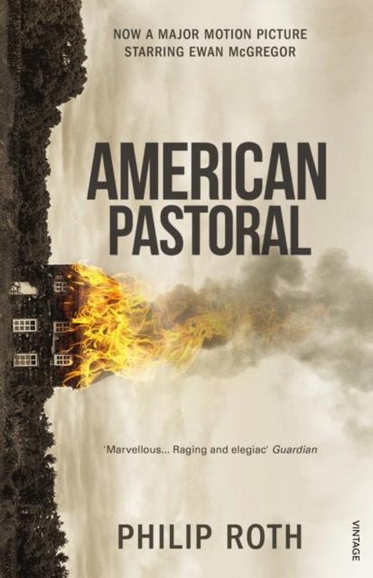 Boekomslag van 'American Pastoral' met een brandend huis en rook. Nu een grote film met Ewan McGregor.