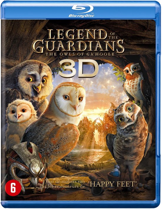 De Blu-ray cover van 'Legend of the Guardians: The Owls of Ga'Hoole' in 3D, met vijf uilen en een helm.