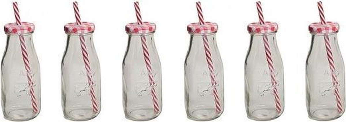 6x Rood/witte glazen drink flesjes met rietje 300 ml | bol.com