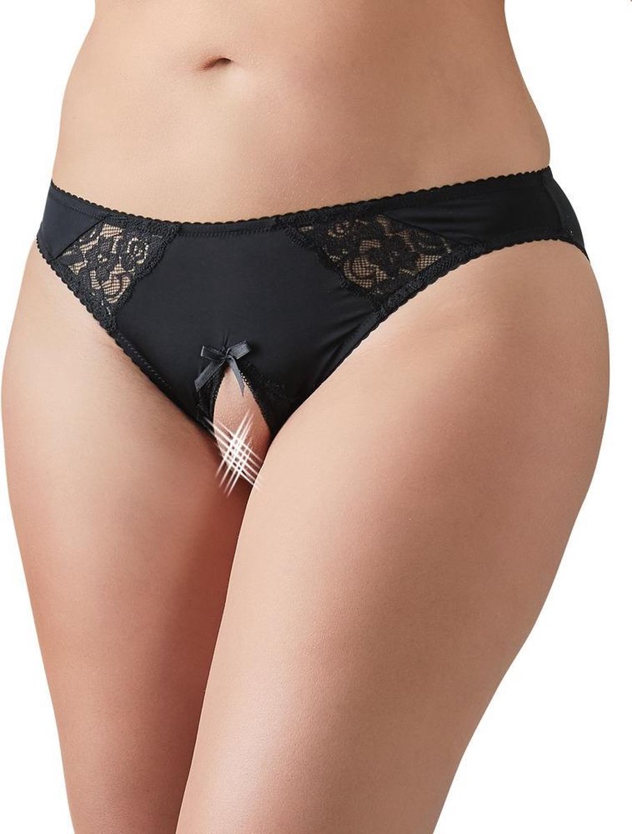 Goedkoopste Cottelli Plus Size – Erotische Slip met Open Kruis en Kanten Inzetstukken – Maat 4XL – Zwart