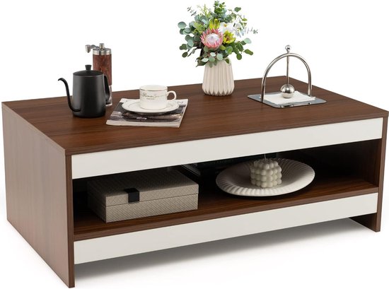 Salontafel met 2 planken, bijzettafel hout, woonkamertafel, koffietafel voor woonkamer en slaapkamer