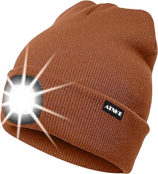 Muts met LED verlichting - Beanie Roest Bruin - USB-oplaadbaar - 4 helder licht LED lampen - 3 standen - One-size - Unisex - Waterdicht - Black Friday 2023 - Kerstcadeau