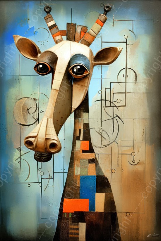 JJ-Art (Glas) 60x40 | Giraffe, Joan Miro stijl, modern surrealisme, abstract, kunst | dier, Afrika, rood, blauw, bruin, modern | Foto-schilderij-glasschilderij-acrylglas-acrylaat-wanddecoratie