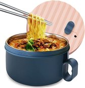 Ramen Bowl Set, roestvrijstalen Ramen Bowl, Japanse soepkom, 1200 ml Ramen Bowl met deksel, traditioneel Japans servies (poederblauw)