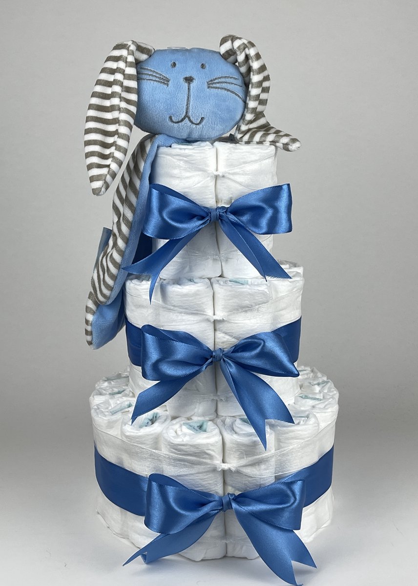 Chouette-Chouette | Luiertaart Jongen | Kraamcadeau | Geboorte Jongen | Babyshower | Knuffeldoek Konijn Knuf Blauw - diep Blauw