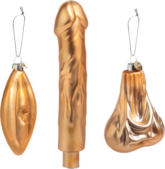 Santly gouden kerstornament set - Kerstballen - Kerstversiering - Kerstboom versiering - Kersthanger - Vagina - Ballen - Piemel piek - Glas