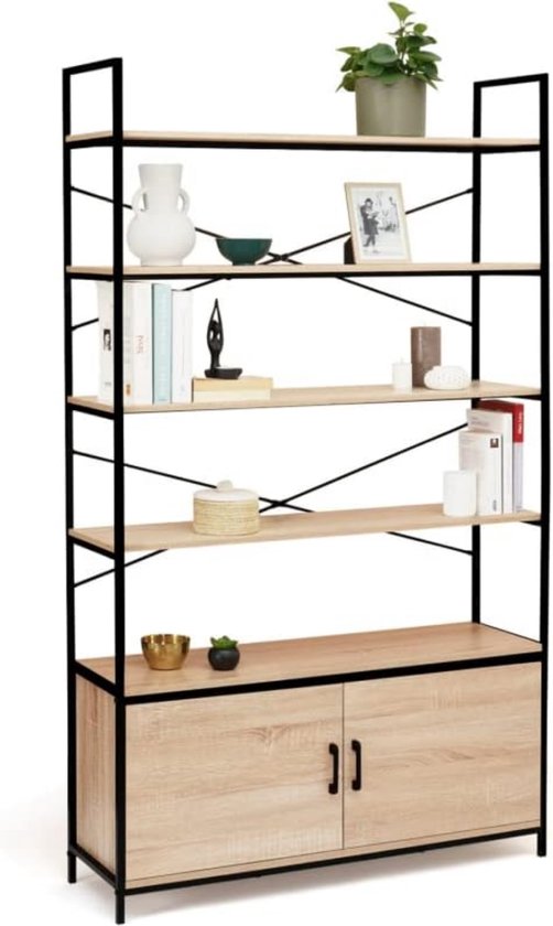 Relaxdays Industrial Design Bookshelf, 5 Floors, MDF & Metal HxWxD 136 x 73 x 30 cm Storage Rack Brown / Black