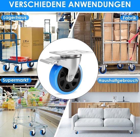 4 stuks zware wielen, 100 mm, zwenkwielen, 360° draaibaar
