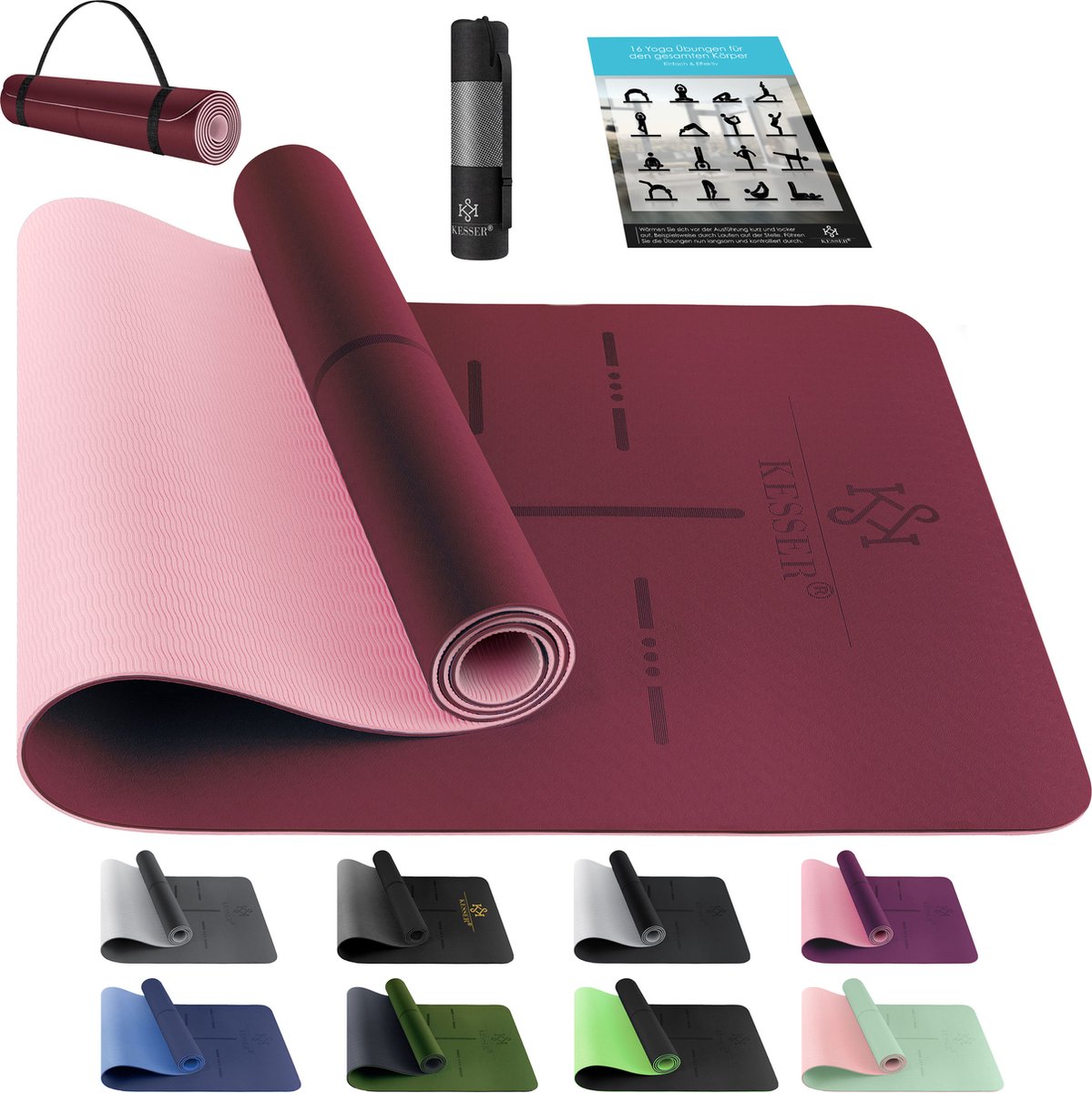KESSER Tapis De Yoga & Gymnastique TPE 183x61 Cm 6 Mm – Antidérapant Rembourré Avec Lignes D'Alignement, Sangle & Sac De Transport