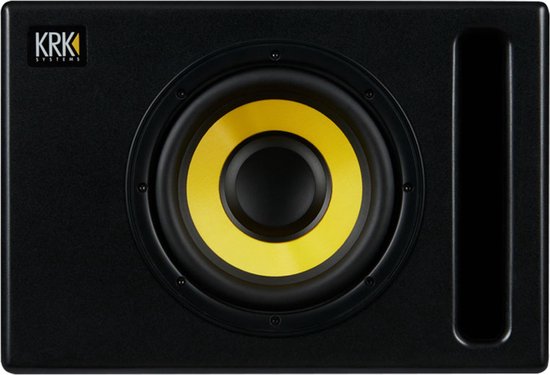 Zwarte KRK S8G4 subwoofer met gele woofer en poort aan de rechterkant.