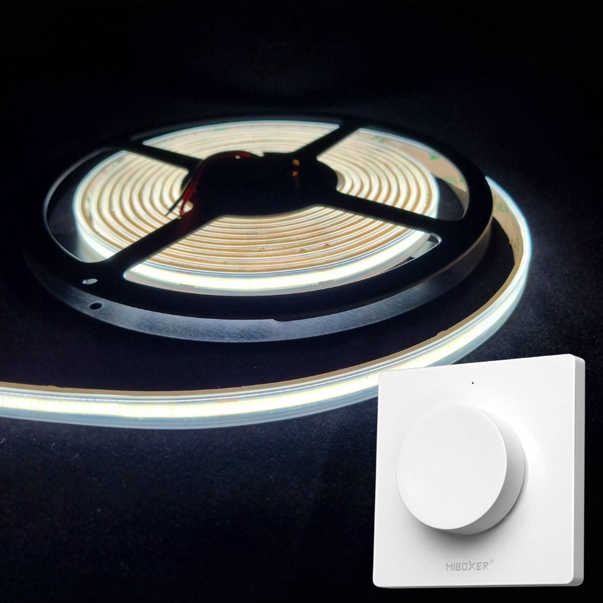 LED Strip COB - 5 Meter - Complete Set - 6000k - Koud Wit - 24V - IP65 Waterdicht - 480LED/m - Met Draadloze Mi-Light(MiBoxer) wanddimmer(Wit)
