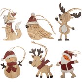 6 x dennenboomversiering, houten hangerset - kerstboomversiering om te versieren - kerstboomversiering in 6 kerstdesigns