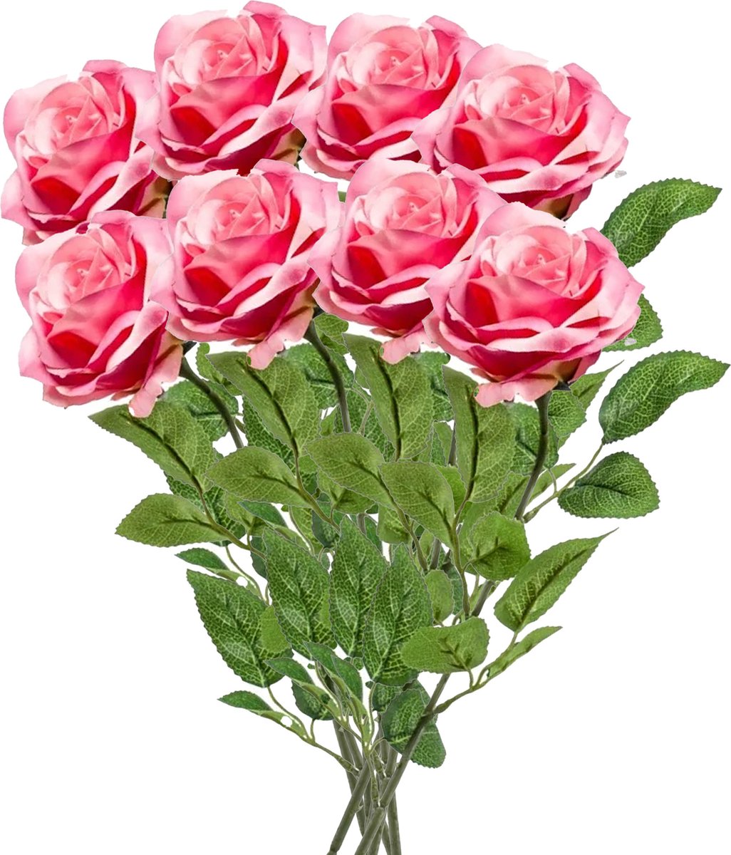 Emerald Kunstbloemen boeket roos Marleen - 8x - roze - 63 cm - decoratie bloemen