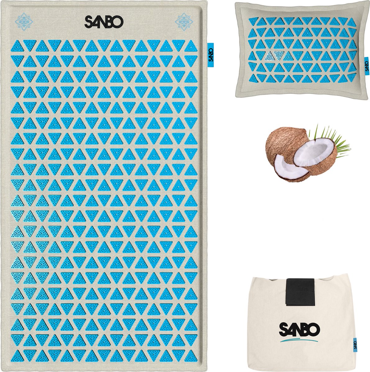 Goedkoopste Sanbo Acupressuur Mat met Kussen - Hoge Kwaliteit - 78x42 cm - Beige/Blauw - Spijkermat - Shakti mat