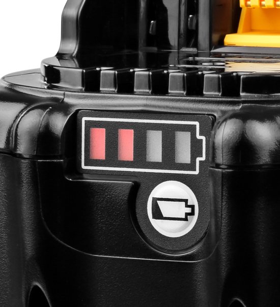 Close-up van de zijkant van een zwarte Makita 18V 6.0Ah accu, met batterij indicator.