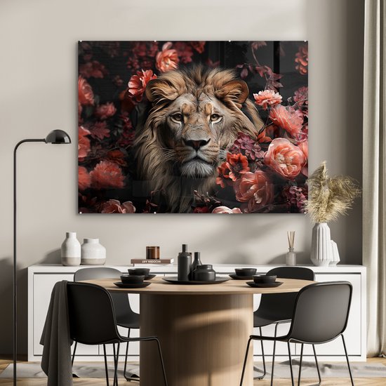 MuchoWow® Glasschilderij 120x90 cm - Schilderij acrylglas - Leeuw - Dier - Natuur - Botanisch - Bloemen - Roze - Foto op glas - Muurdecoratie woonkamer - Wanddecoratie slaapkamer - Schilderijen