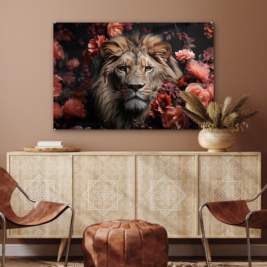 MuchoWow® Peinture sur verre 120x80 cm - Peinture sur verre - Lion - Animal - Nature - Botanique - Fleurs - Rose - Photo sur verre acrylique - Peintures
