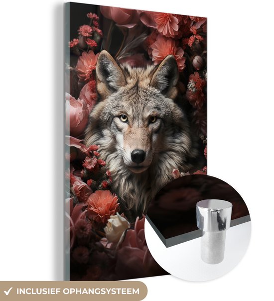 MuchoWow® Glasschilderij 40x60 cm - Schilderij acrylglas - Wolf - Dier - Bloemen - Botanisch - Natuur - Fantasie - Foto op glas - Schilderijen