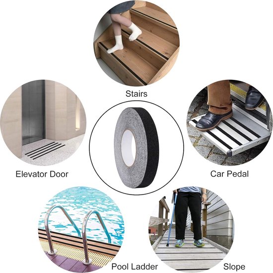 DGN Anti-slip tape, 2,5 cm × 20 m, antislip tape, hoge tractie, antislipstrips met zelfklevend, traptreden tape, zelfklevend, antislipband voor ladders treden, zwart