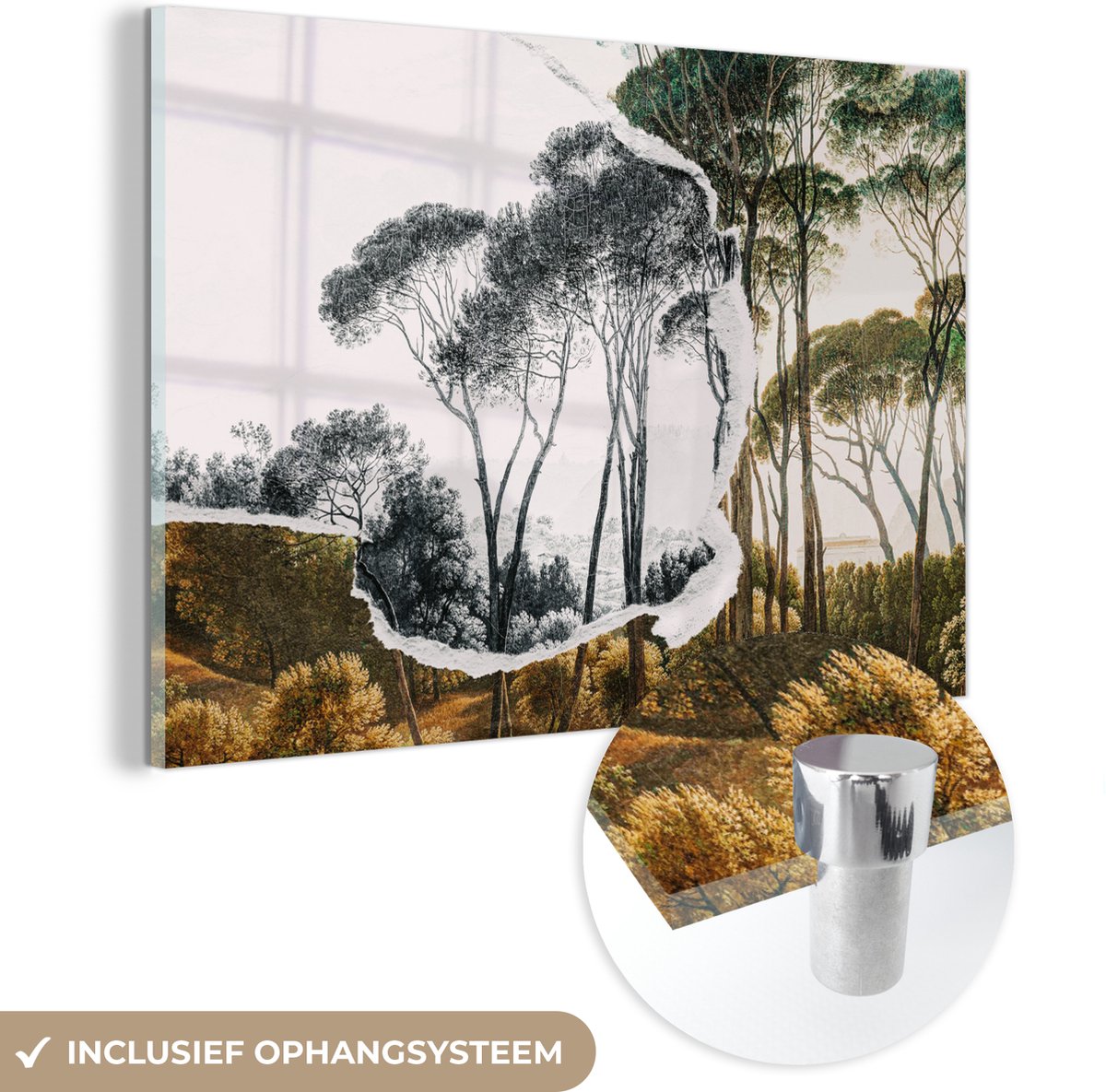 MuchoWow® Glasschilderij 120x80 cm - Schilderij acrylglas - Italiaans landschap parasoldennen - Kunst - Hendrik Voogd - Schilderij - Zwart wit - Oude meesters - Foto op glas - Schilderijen