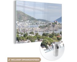 MuchoWow® Glasschilderij 120x80 cm - Schilderij acrylglas - De jachthaven van Bodrum in de Turkse Rivièra - Foto op glas - Schilderijen
