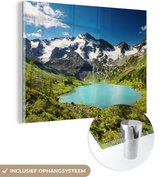 MuchoWow® Glasschilderij 80x60 cm - Schilderij acrylglas - Sneeuw - Berg - Water - Foto op glas - Schilderijen