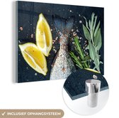 MuchoWow® Glasschilderij 150x100 cm - Schilderij acrylglas - Vis - Citroen - Kruiden - Foto op glas - Schilderijen