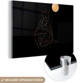 MuchoWow® Glasschilderij 90x60 cm - Schilderij acrylglas - Vrouw - Hoed - Maan - Line art - Foto op glas - Schilderijen