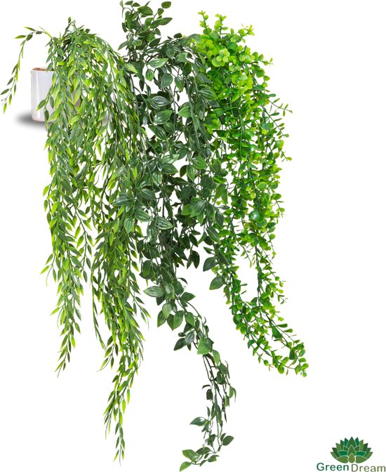 GreenDream® 3 différentes plantes suspendues Plantes artificielles en pot - décoratives - Astuce cadeau - Vert