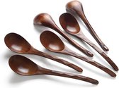 Wooden Soup Spoons, 6 Pieces 7.84 Inch Japanese Ramen Spoons, Round, Nanmu Wood, Long Handle, Children's Rice, Dessert, Cooking, Tasting, Dining Table Spoon for Kitchen Restaurant