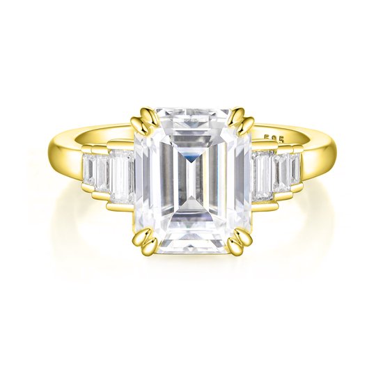 Rectanglo - 14k Geelgouden Smaragd Geslepen Moissanite Ring met Baguette Accenten - 1 karaat