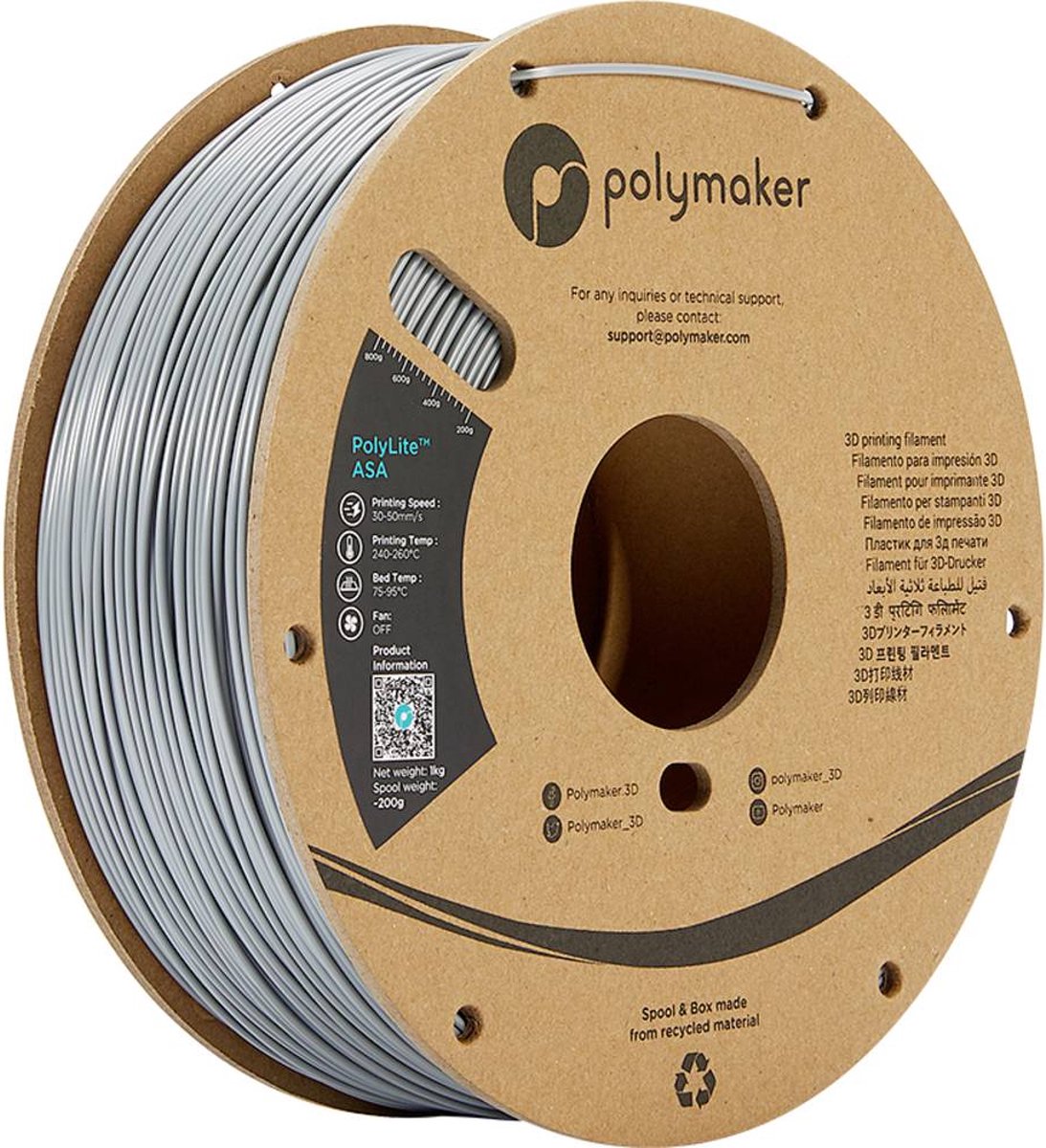 Polymaker PF01012 PolyLite Filament ASA UV-bestendig, Weerbestendig, Hittebestendig 2.85 mm 1000 g Grijs 1 stuk(s)
