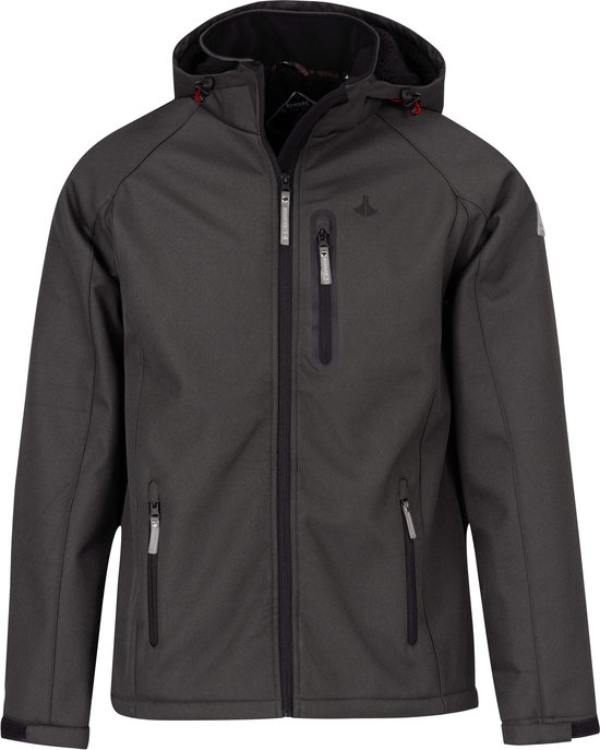 Donkergrijze softshell herenjas met capuchon, ritszakken en Bjørnson-logo's, vooraanzicht.