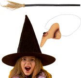 Costume de sorcière Springos - Déguisements - Halloween - Pour Adultes et Enfants - Chapeau, nez et balai