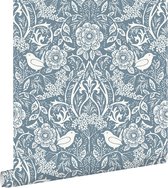 ESTAhome behangpapier bloemen en vogels in art nouveau stijl vergrijsd blauw - 139477 - 0.53 x 10.05 m