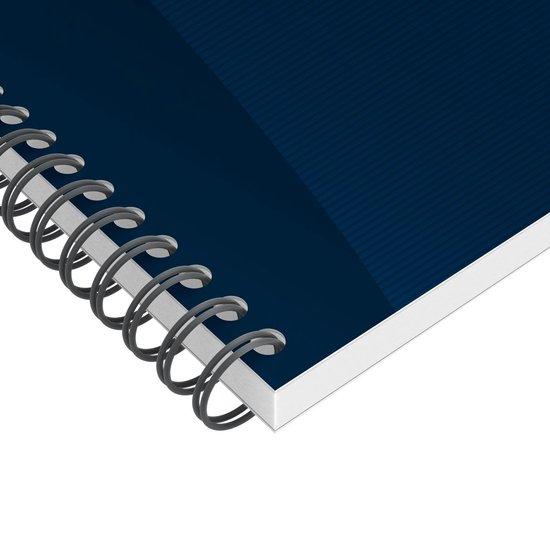 Donkerblauwe spiraalgebonden notitieboek met witte rand en gestreept patroon.