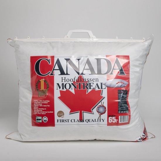 Een witte verpakking met het "Canada Montreal Hoofdkussens" logo, een rode esdoornblad en productinformatie.