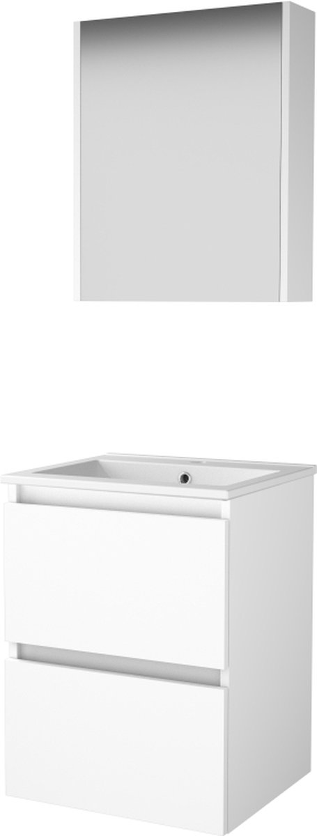 Basic Comfort 46 badmeubelset met spiegelkast, greeploze wastafelonderkast met 2 lades en porseleinen wastafel met 1 kraangat 50 x 46 cm, ice white