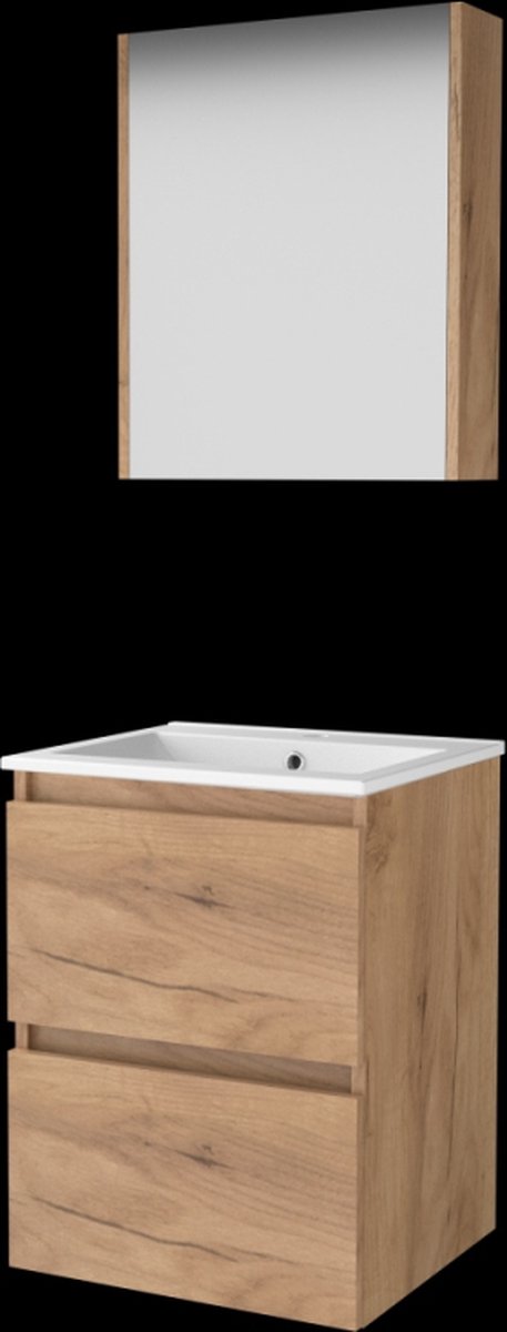 Basic Comfort 46 badmeubelset met spiegelkast, greeploze wastafelonderkast met 2 lades en porseleinen wastafel met 1 kraangat 50 x 46 cm, whisky oak
