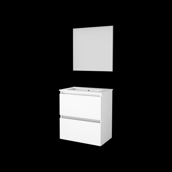 Witte badmeubelset met twee lades, een wastafel en een spiegel, tegen een zwarte achtergrond.